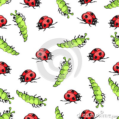 Cartoon hand drawing beetle ladybug and caterpillars seamless pattern, vector background. Funny insects on a white Vector Illustration