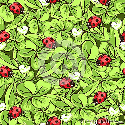 Cartoon hand drawing beetle ladybug, leaves and flowers of clover seamless pattern, vector background. Funny insects on Vector Illustration