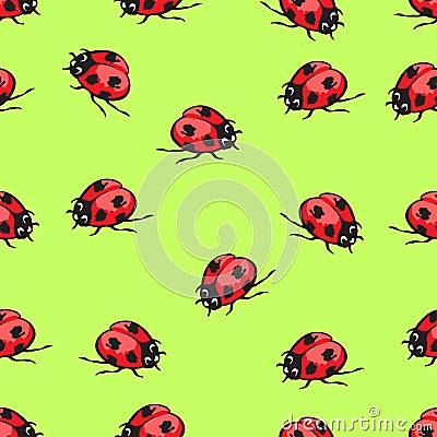 Cartoon hand drawing beetle ladybug seamless pattern, vector background. Funny insects on a green backdrop. For fabric Vector Illustration