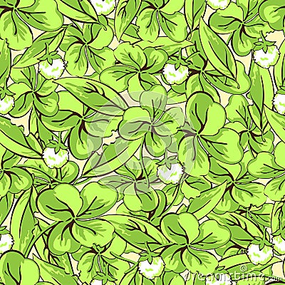 Cartoon hand drawing leaves and flowers of clover seamless pattern, vector background. For fabric design, wallpaper Vector Illustration
