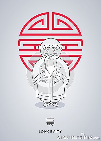 Cartoon hand drawn Asian gray-haired wise old man in national clothes with ornament on background of symbol longevity. Vector Illustration
