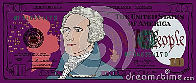 Cartoon hand drawn colorized 10 dollar banknote Stock Photo