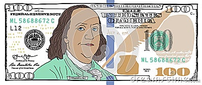 Cartoon hand drawn colorized 100 dollar banknote Stock Photo