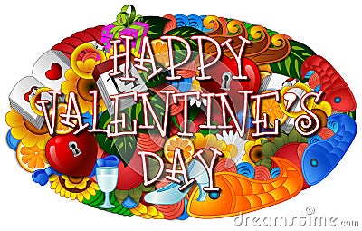 Cartoon hand drawn doodles happy valentines day with colorful elements background Vector Illustration