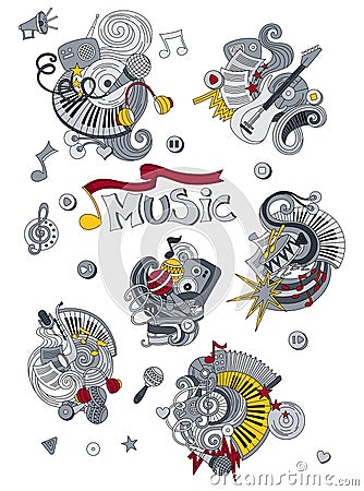 Cartoon hand drawn doodles Music illustration. Colorful detailed, with lots of objects background Cartoon Illustration