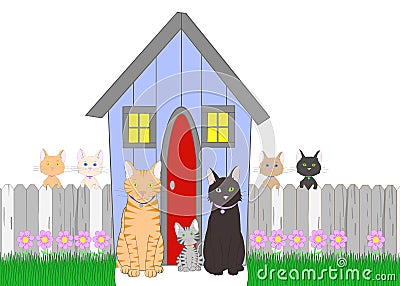 Illustration drawing of cat family in front of house Cartoon Illustration