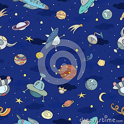 Cartoon hand drawn space, planets seamless pattern. Lots of symbols, objects and elements. Printable templates Vector Illustration