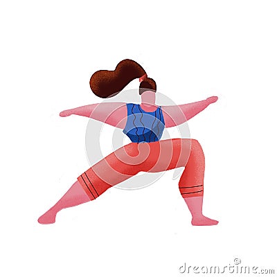 Cartoon hand drawn woman in yoga position in Warrior Pose. Fitness sport scene of yoga exercise. Positive inspirational banner Cartoon Illustration