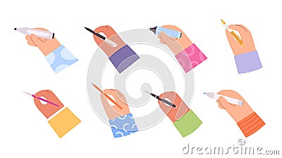Cartoon hand holding pen, pencil, brush, marker and highlighter. People hands writing gestures with work or education Vector Illustration