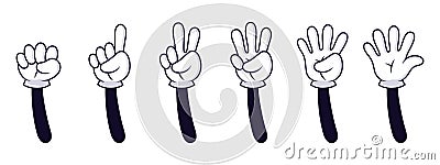 Cartoon hand numbers. Gesture counting sign, hands in white gloves count to five vector isolated illustration set Vector Illustration