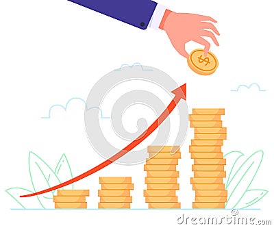 Cartoon hand stack coins. Arm count pile gold coin money, increase annuity income financial investment upper graph Vector Illustration
