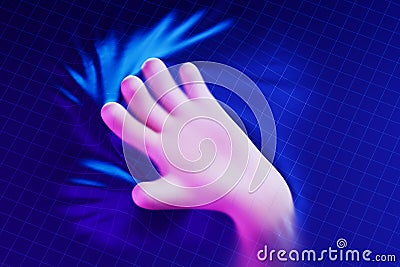 Cartoon hand in virtual reality touching web lines Stock Photo