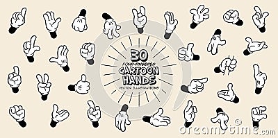 Set of Thirty Different Retro Four-Fingered Cartoon Hands. Vector Illustration