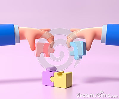 Cartoon hands connecting jigsaw puzzle. Symbol of teamwork, cooperation, partnership, Problem-solving, business concept. 3d illust Cartoon Illustration