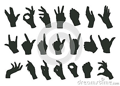 Cartoon hands gestures silhouettes. Human hands signs, okay, call, peace position and index finger sign flat vector illustration Vector Illustration