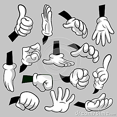 Cartoon hands with gloves icon set isolated. Vector clipart - parts of body, arms in white gloves. Hand gesture Vector Illustration