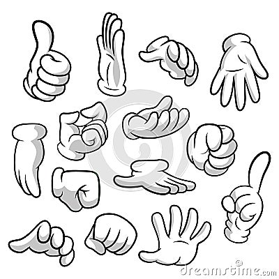 Cartoon hands with gloves icon set isolated on white background. Vector clipart - parts of body, arms in white gloves Vector Illustration