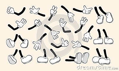 Cartoon hands and legs collection. Cute retro animation white feet and gloves characters body parts, abstract simple funny drawn Vector Illustration