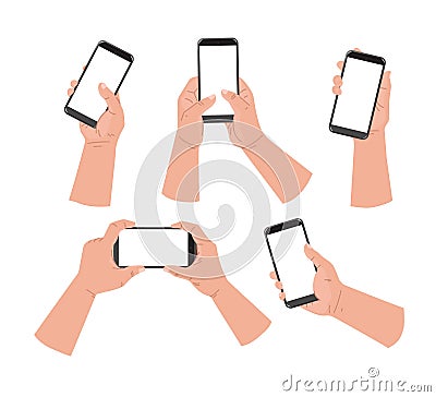 Cartoon hands and mobile phone. Hand of man holding phone and touch phone, business concept, flat design White background Vector Illustration