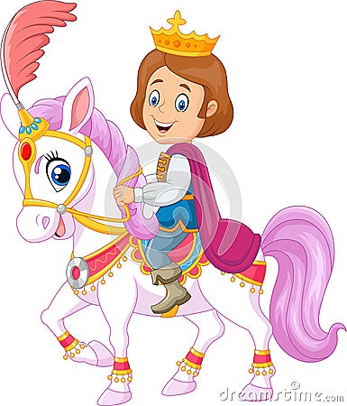 Cartoon handsome prince riding horse on white background Vector Illustration