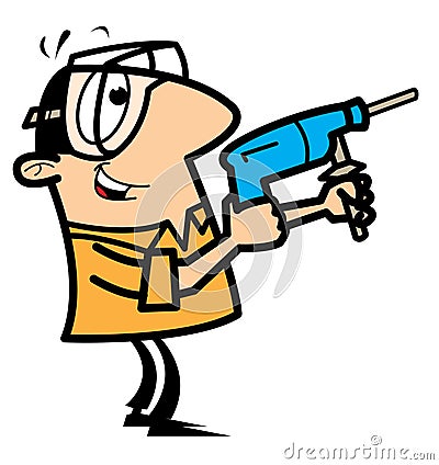 Cartoon handyman with drill and goggles Vector Illustration