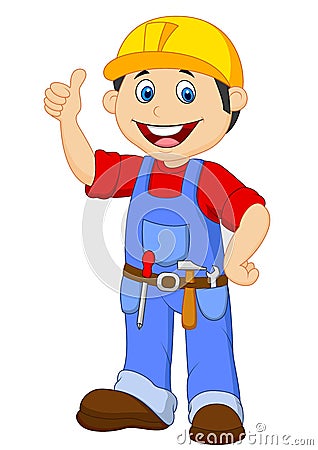Cartoon handyman with tools belt thumb up Vector Illustration