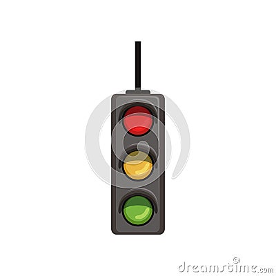 Cartoon hanging traffic semaphore with three colorful lamps. Road control device with red, yellow, green lights. Flat Vector Illustration