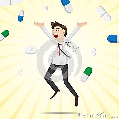 Cartoon happiness doctor jumping with medicine pills Vector Illustration