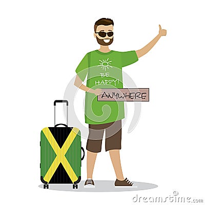 Cartoon happpy male with sign anywhere catching a taxi car by wa Vector Illustration