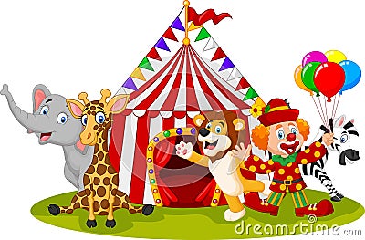 Cartoon happy animal circus and clown Vector Illustration