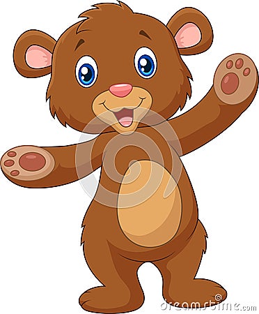 Cartoon happy baby brown bear waving hand Vector Illustration