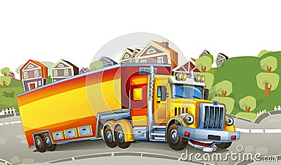 Cartoon happy cargo truck with trailer driving through the city Cartoon Illustration