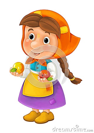 Cartoon happy character of farm woman holding two apples in hands / traditional clothes - isolated Cartoon Illustration