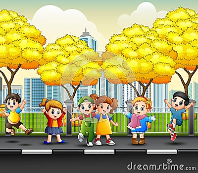 Cartoon happy children on the sidewalk Vector Illustration