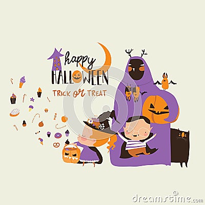 Cartoon happy children trick or treating in Halloween costume Vector Illustration