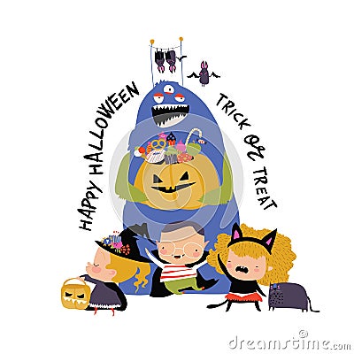 Cartoon happy children trick or treating in Halloween costume Vector Illustration