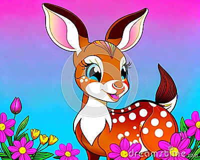 Cartoon happy comic bambi baby deer spotted flower blossom Cartoon Illustration