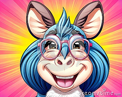 Cartoon happy comic donkey burro pig cute smiling face popart color Cartoon Illustration