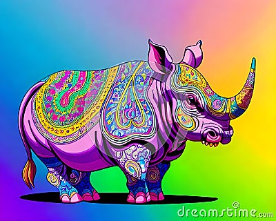 Cartoon happy comic hippopotamus graffiti painted colorful paisley hipster Cartoon Illustration