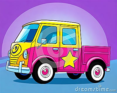 Cartoon happy comic retro pop art color pickup camper travel van Cartoon Illustration