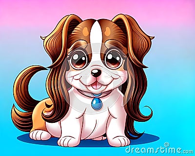 Cartoon happy comic small puppy dog pet groomed long hair Cartoon Illustration
