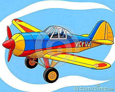 Cartoon happy comic toy airplane flying single prop blue red yellow Cartoon Illustration