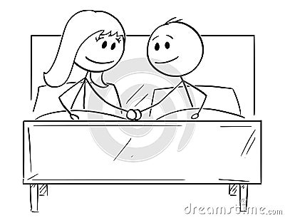 Cartoon of Happy Couple in Bed, Holding Each Others Hand Vector Illustration