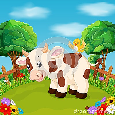 Cartoon happy cow smile in the farm Vector Illustration