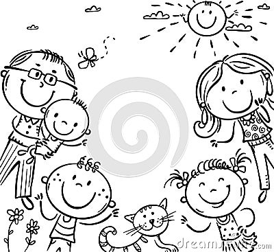 Cartoon happy cute doodle family banner or frame, outline stick figure Vector Illustration