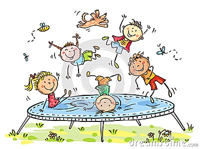 Cartoon happy cute funny doodle kids jumping on trampoline Vector Illustration