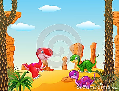 Cartoon happy dinosaur Collection set with Prehistoric background Vector Illustration