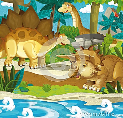 Cartoon happy dinosaurs - diplodocus stegosaurus triceratops Cartoon Illustration