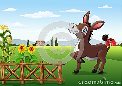 Cartoon happy donkey with farm background Vector Illustration