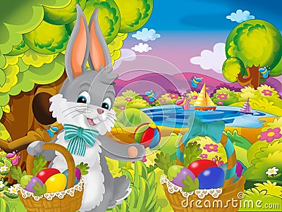 Cartoon happy easter rabbit with beautiful easter eggs in basket on nature spring background Cartoon Illustration